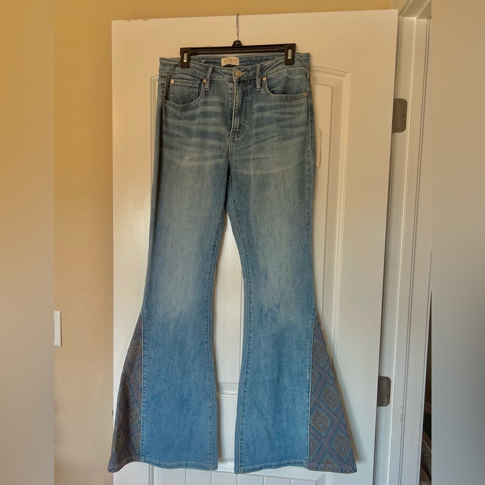 Women's Flared Denim Jeans with Patterned Insets